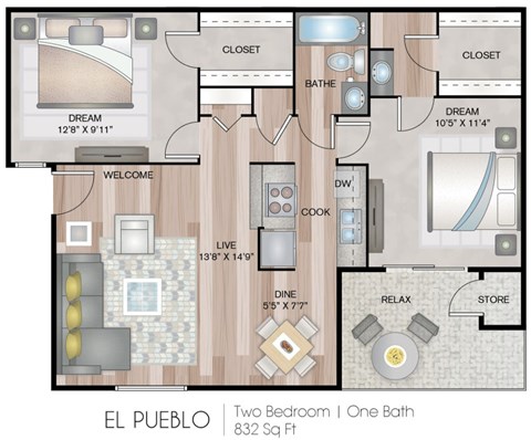 A floor plan of a one bedroom apartment with a bathroom and a living area.